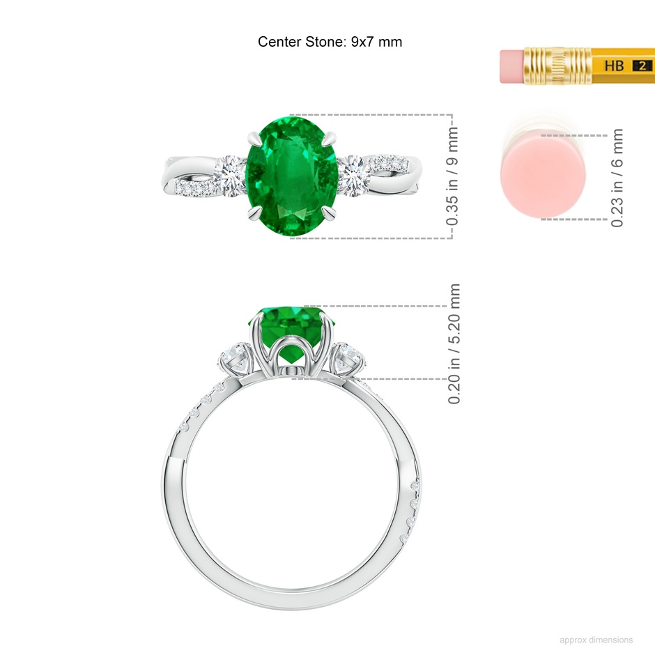 9x7mm AAAA Three Stone Oval Emerald & Round Diamond Engagement Ring in White Gold ruler