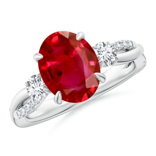 10x8mm AAA Three Stone Oval Ruby & Round Diamond Engagement Ring in P950 Platinum