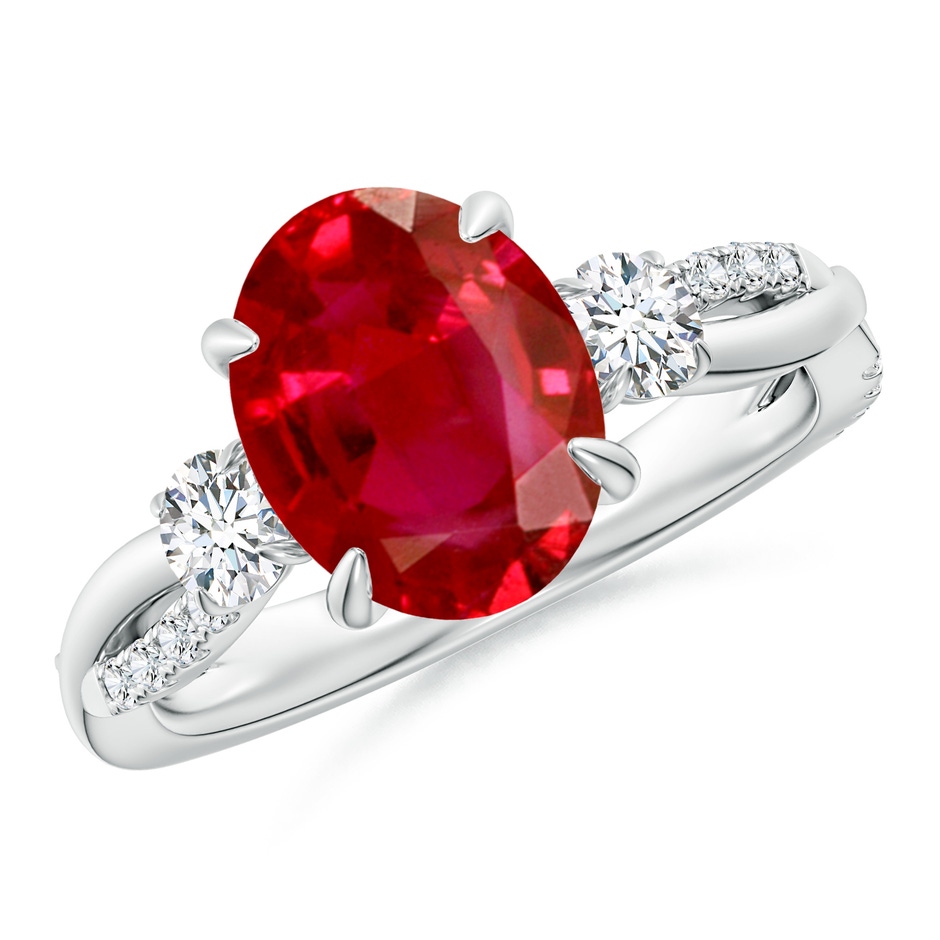 10x8mm AAA Three Stone Oval Ruby & Round Diamond Engagement Ring in P950 Platinum 