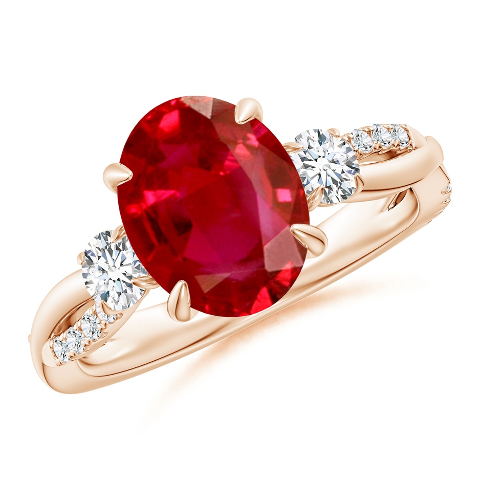 10x8mm AAA Three Stone Oval Ruby & Round Diamond Engagement Ring in Rose Gold 