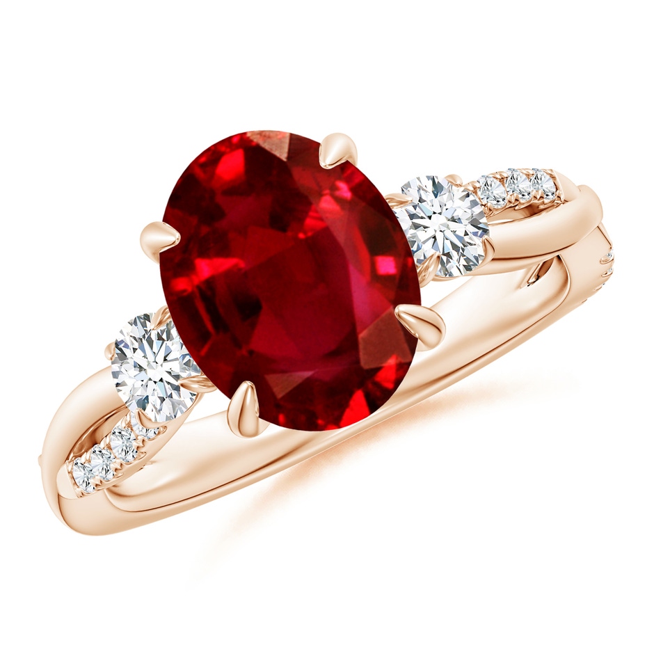 10x8mm AAAA Three Stone Oval Ruby & Round Diamond Engagement Ring in Rose Gold 
