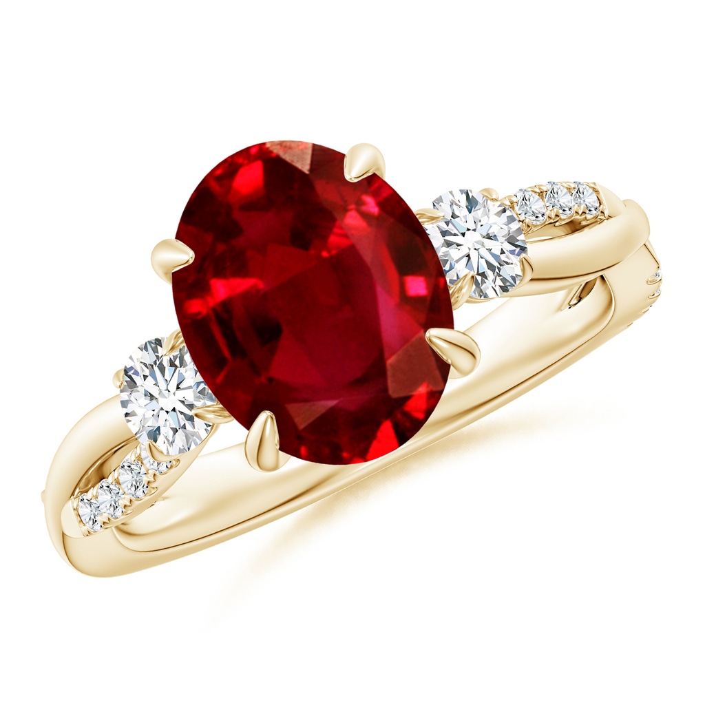 10x8mm AAAA Three Stone Oval Ruby & Round Diamond Engagement Ring in Yellow Gold