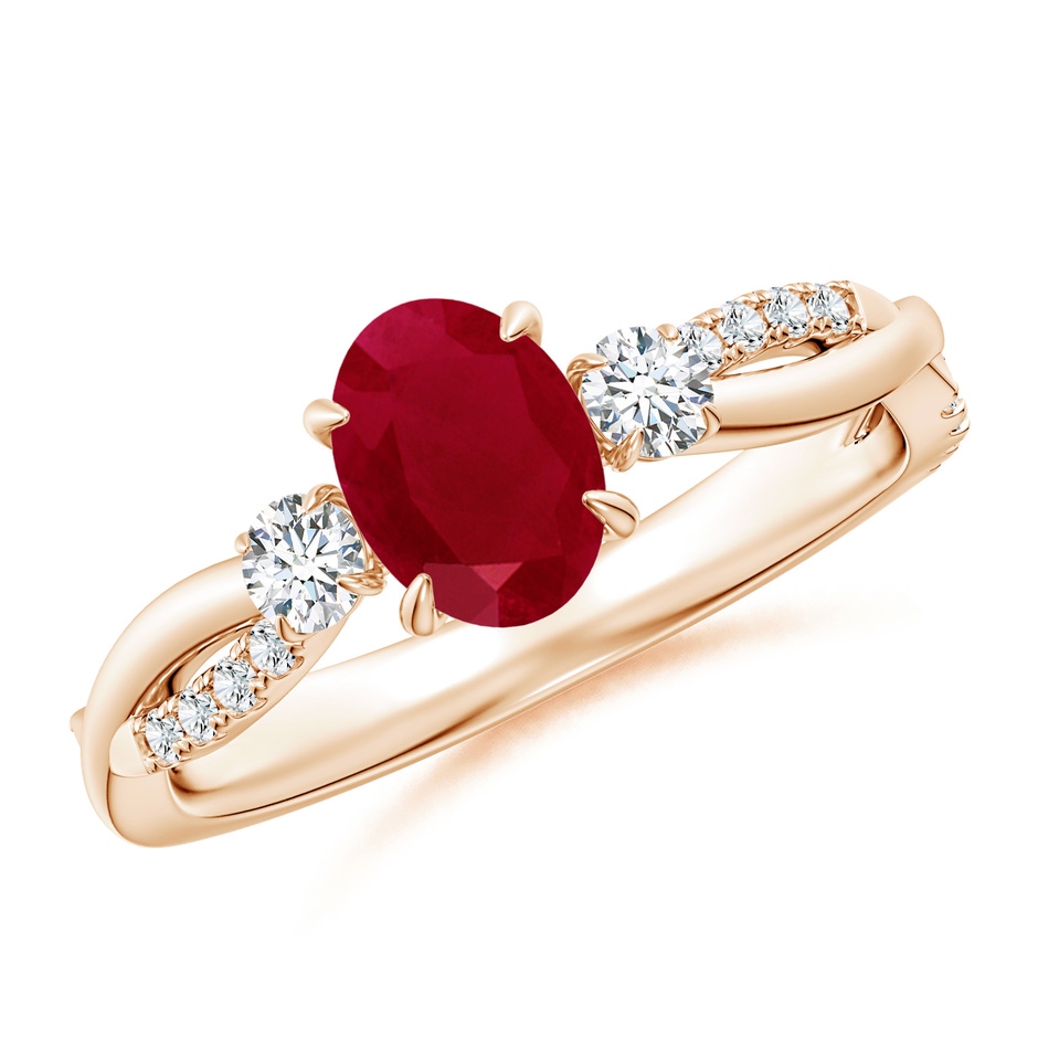7x5mm AA Three Stone Oval Ruby & Round Diamond Engagement Ring in Rose Gold 