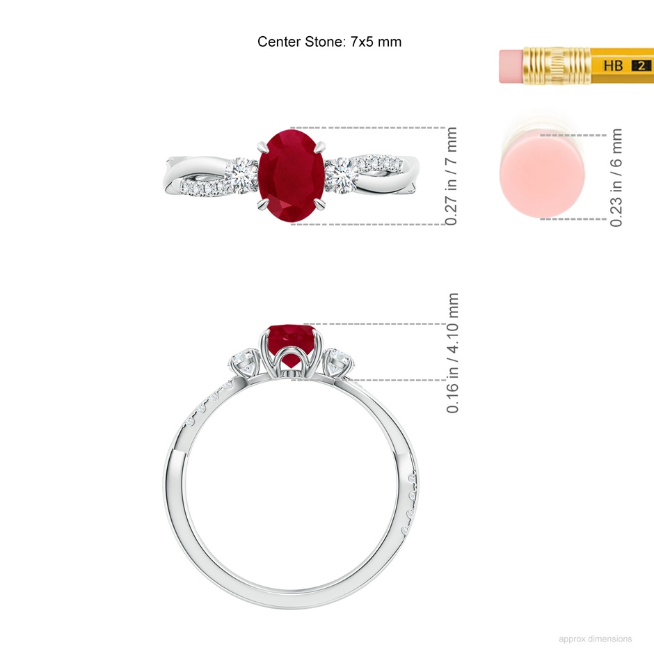 7x5mm AA Three Stone Oval Ruby & Round Diamond Engagement Ring in White Gold ruler