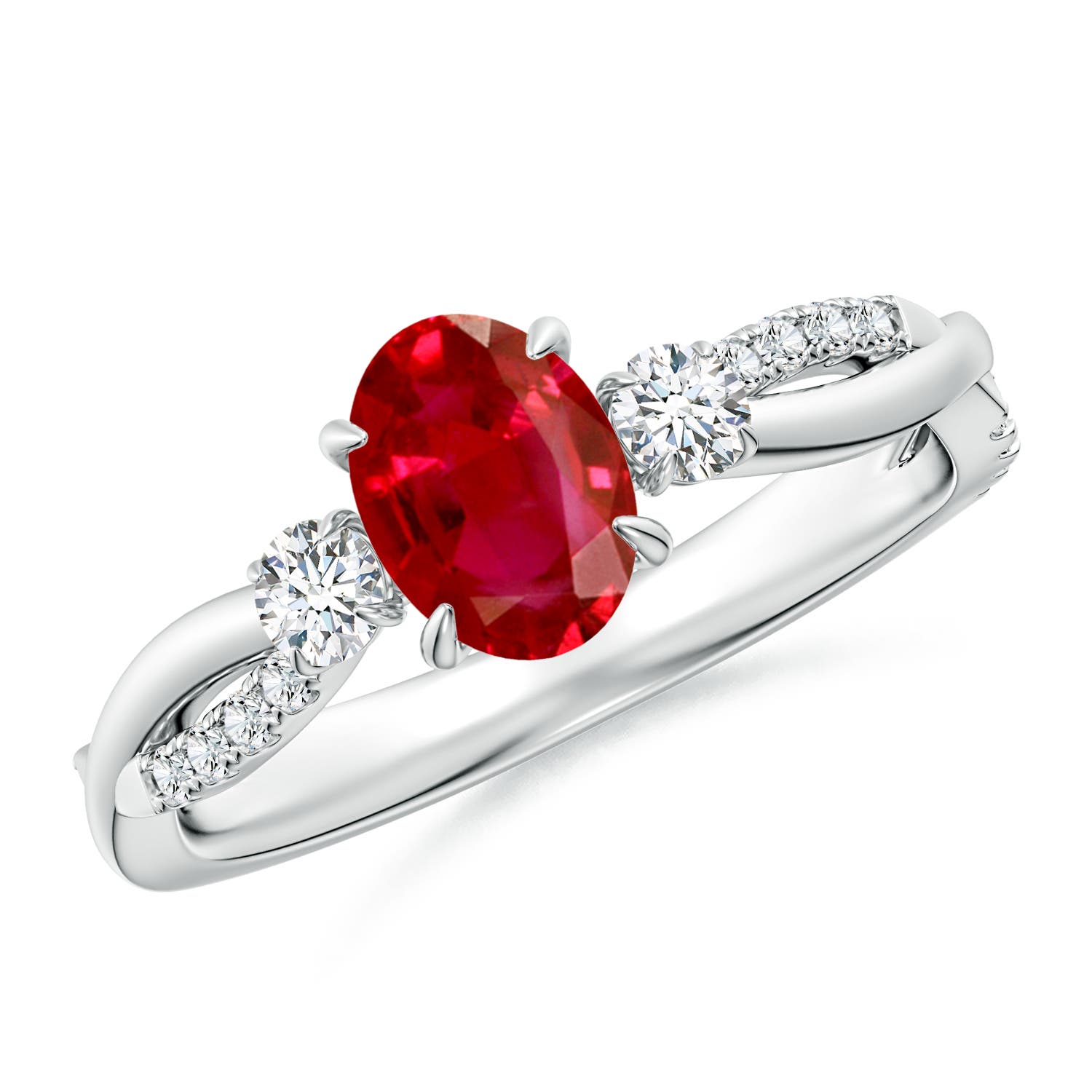 7x5mm AAA Three Stone Oval Ruby & Round Diamond Engagement Ring in 18K White Gold