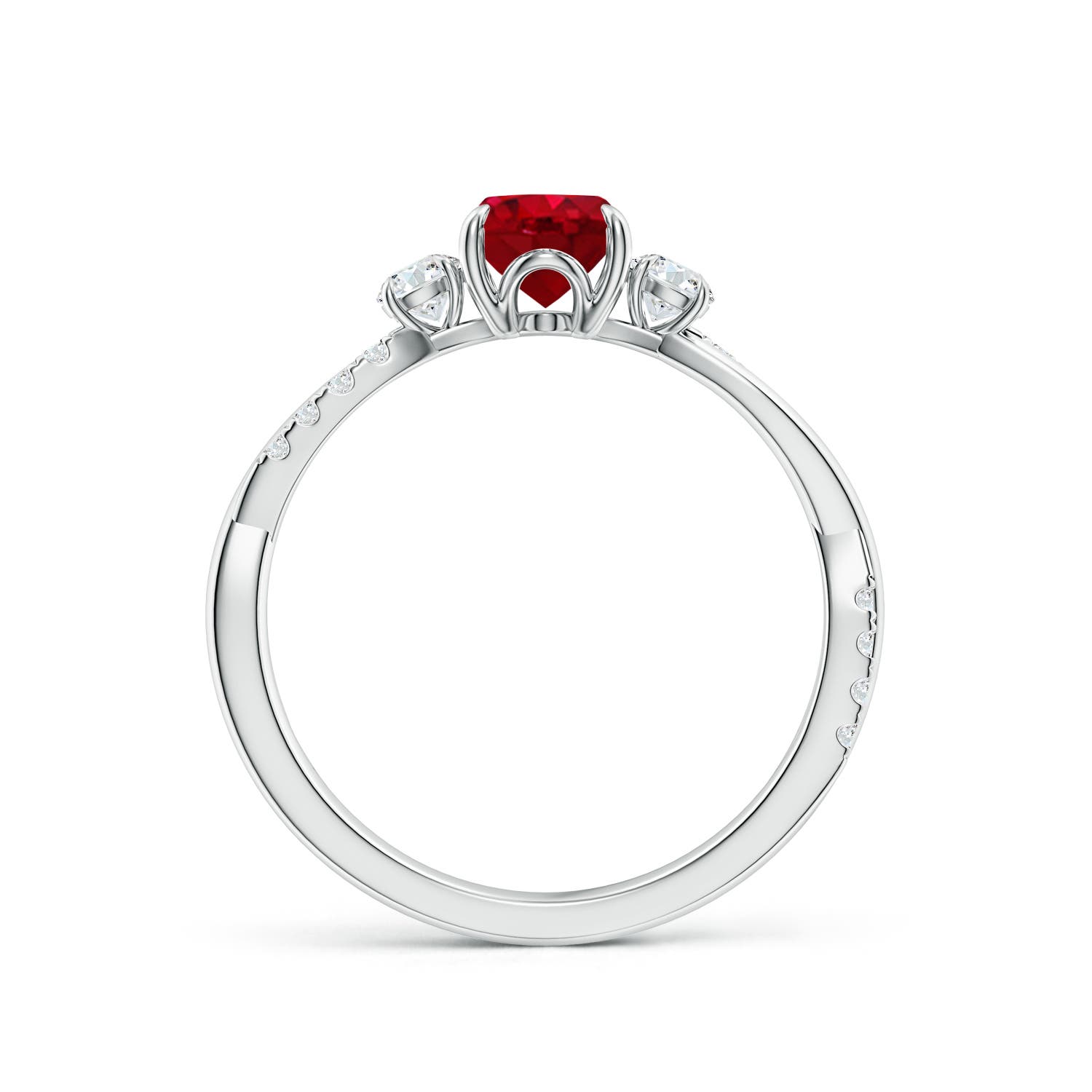 7x5mm AAA Three Stone Oval Ruby & Round Diamond Engagement Ring in 18K White Gold
