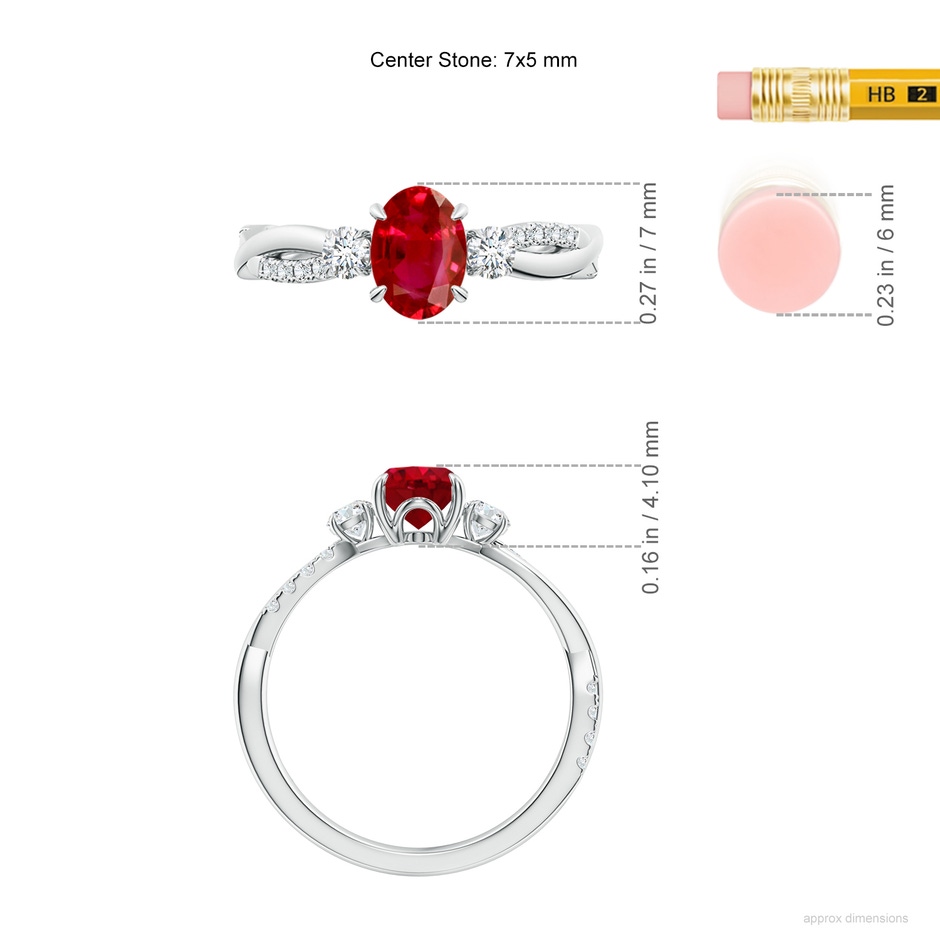 7x5mm AAA Three Stone Oval Ruby & Round Diamond Engagement Ring in 18K White Gold ruler