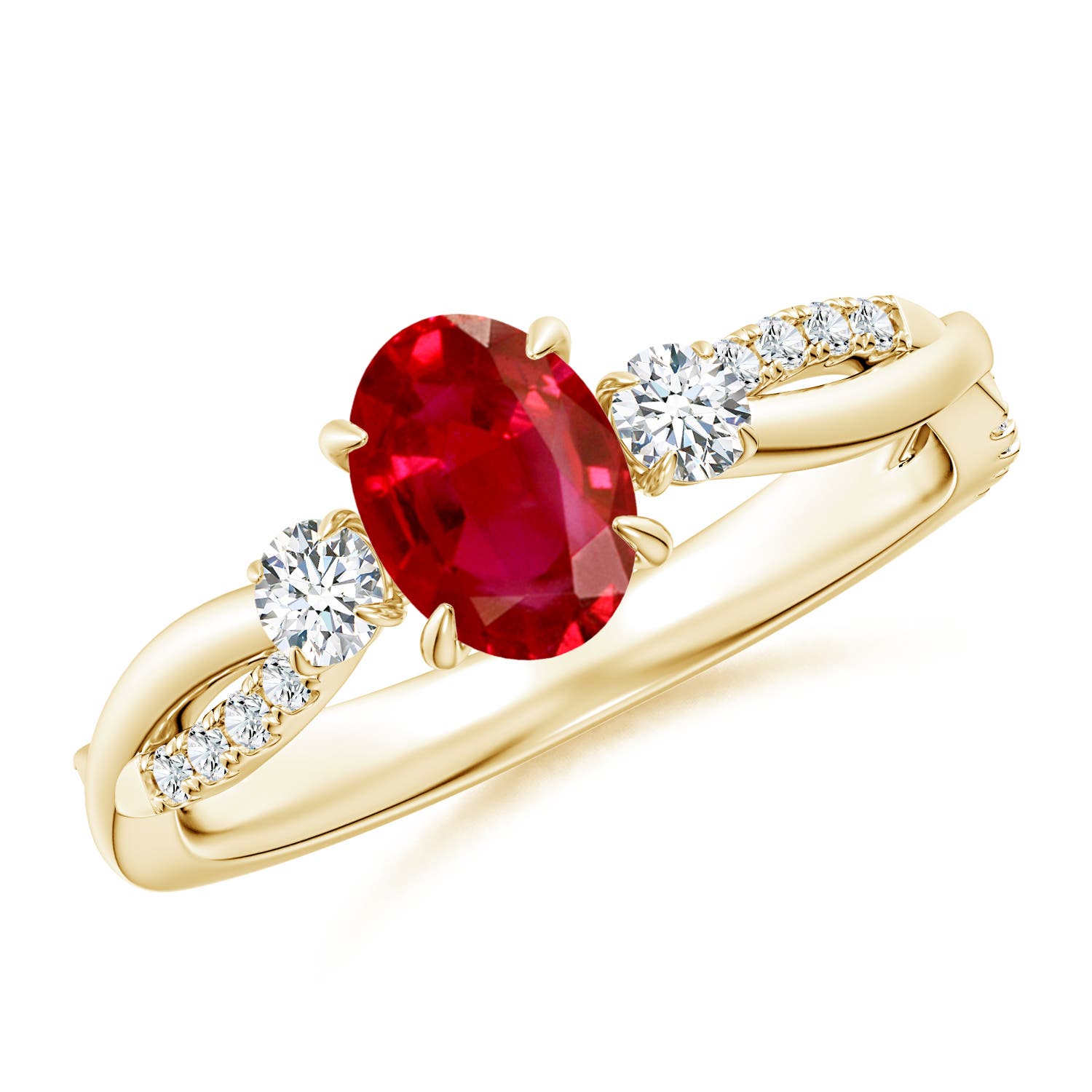 7x5mm AAA Three Stone Oval Ruby & Round Diamond Engagement Ring in Yellow Gold