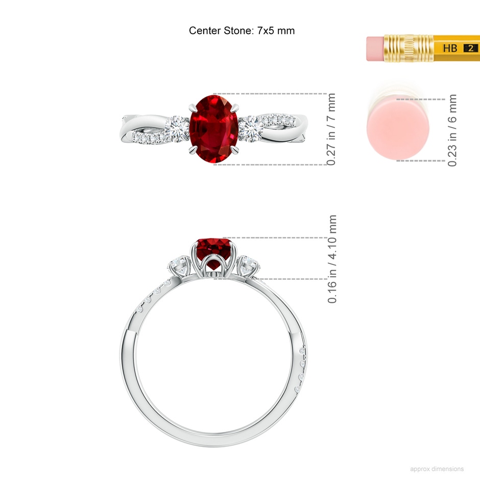 7x5mm AAAA Three Stone Oval Ruby & Round Diamond Engagement Ring in P950 Platinum ruler