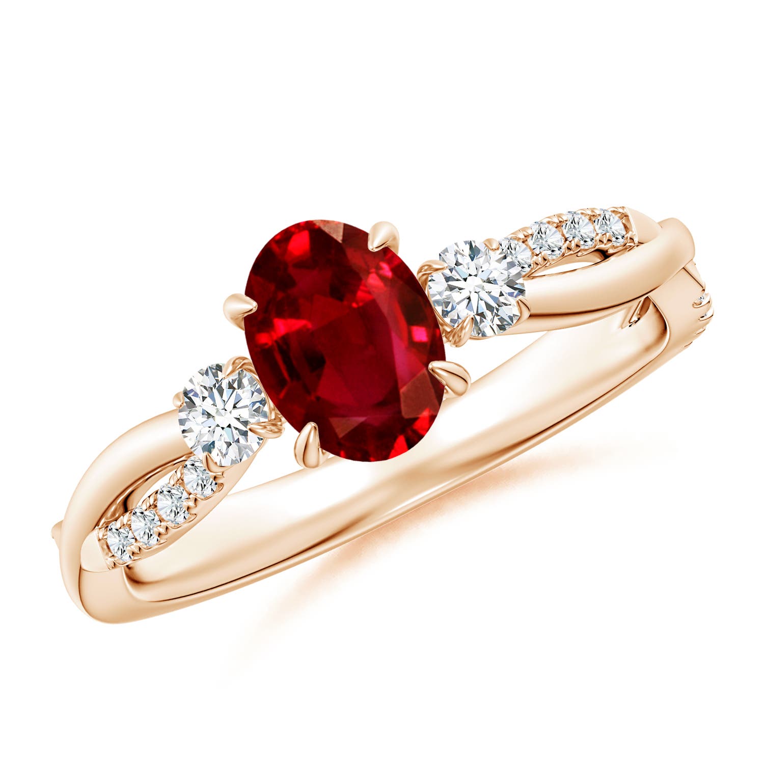7x5mm AAAA Three Stone Oval Ruby & Round Diamond Engagement Ring in Rose Gold