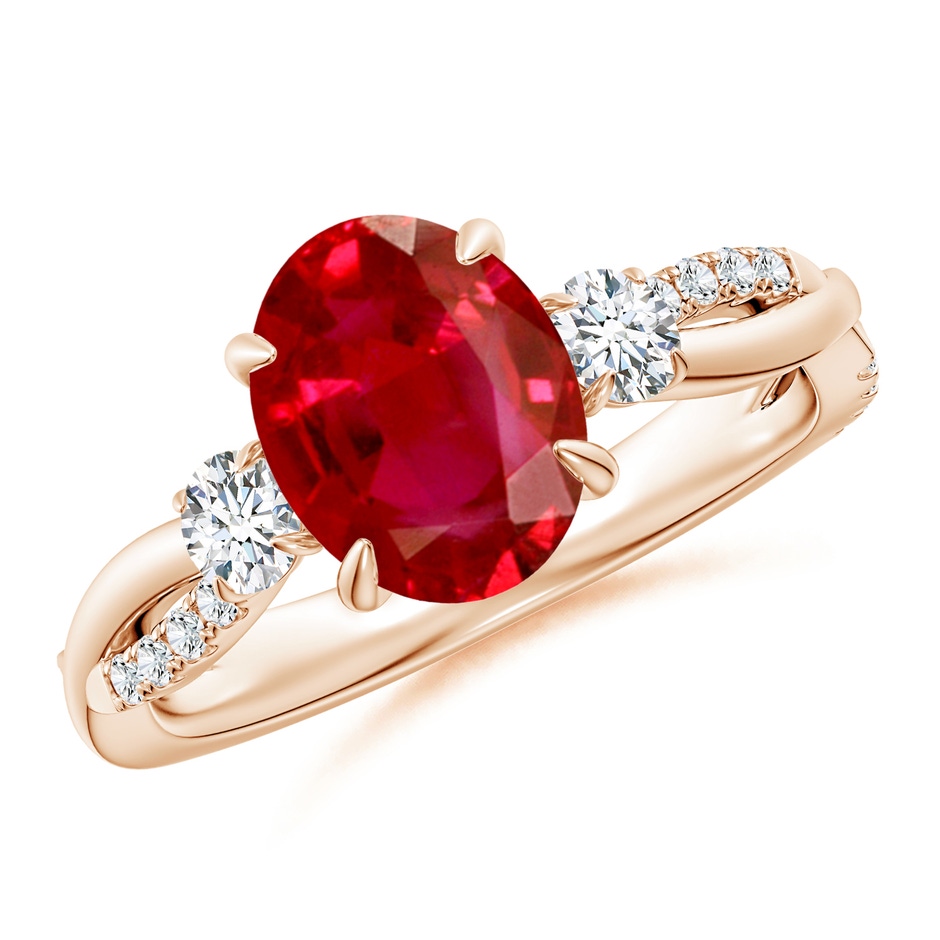 9x7mm AAA Three Stone Oval Ruby & Round Diamond Engagement Ring in 18K Rose Gold 