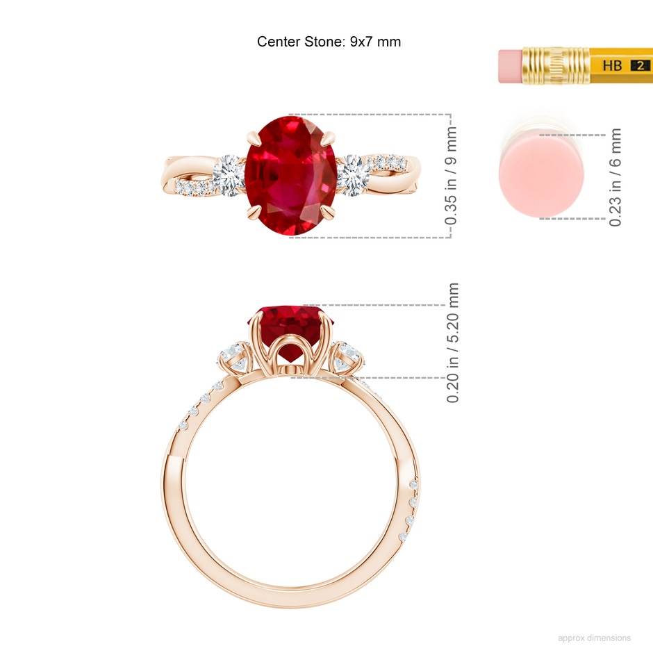 9x7mm AAA Three Stone Oval Ruby & Round Diamond Engagement Ring in 18K Rose Gold ruler
