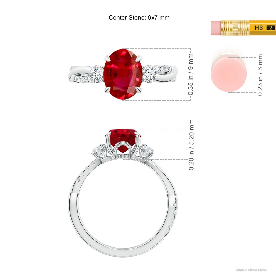 9x7mm AAA Three Stone Oval Ruby & Round Diamond Engagement Ring in P950 Platinum ruler