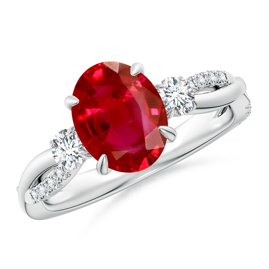 9x7mm AAA Three Stone Oval Ruby & Round Diamond Engagement Ring in White Gold