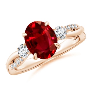 9x7mm AAAA Three Stone Oval Ruby & Round Diamond Engagement Ring in 18K Rose Gold