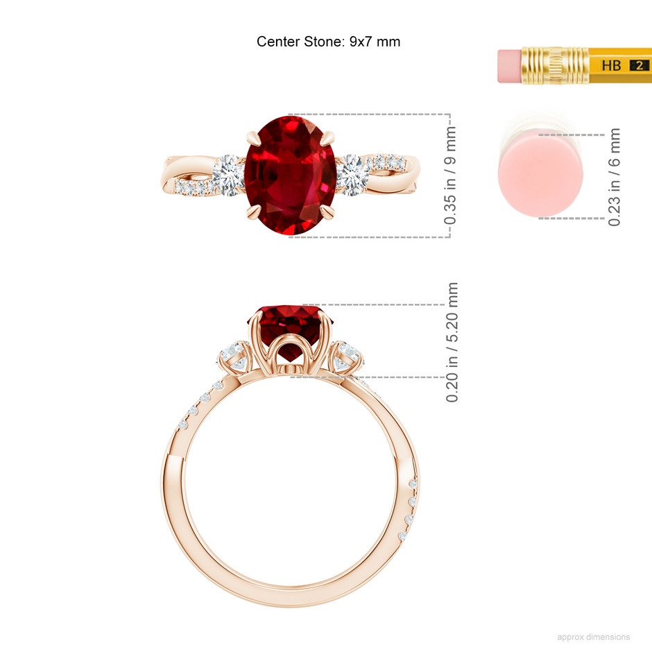 9x7mm AAAA Three Stone Oval Ruby & Round Diamond Engagement Ring in 18K Rose Gold ruler