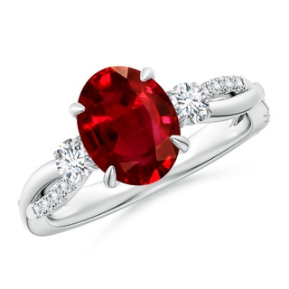 9x7mm AAAA Three Stone Oval Ruby & Round Diamond Engagement Ring in P950 Platinum