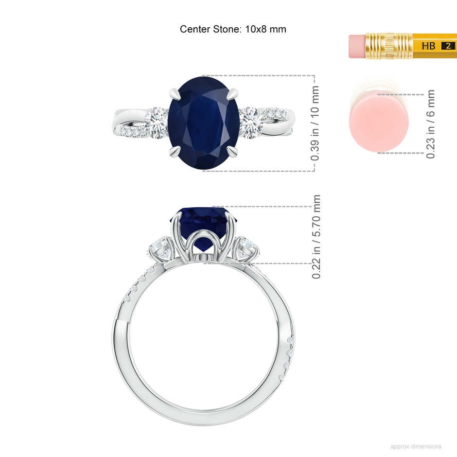 10x8mm A Three Stone Oval Blue Sapphire & Round Diamond Engagement Ring in White Gold ruler
