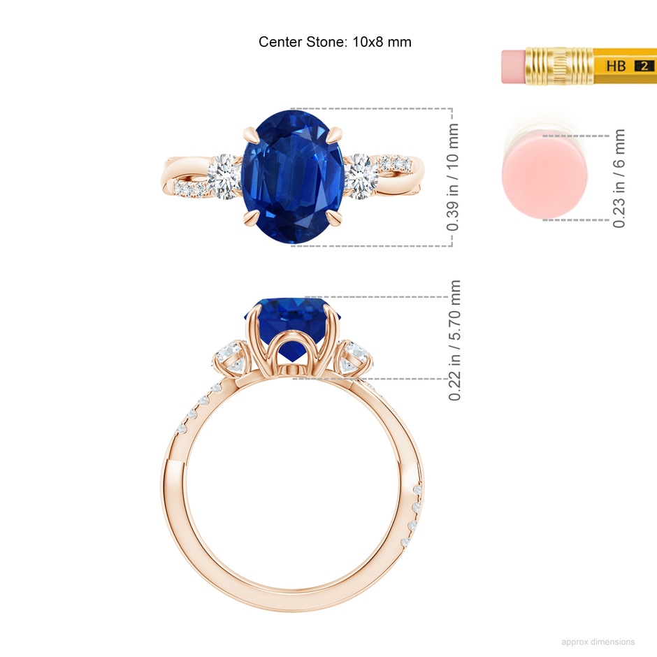 10x8mm AAA Three Stone Oval Blue Sapphire & Round Diamond Engagement Ring in Rose Gold ruler
