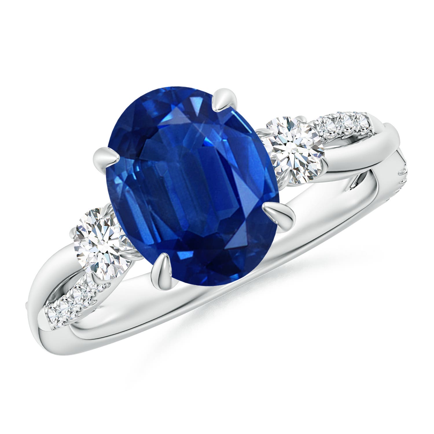 10x8mm AAA Three Stone Oval Blue Sapphire & Round Diamond Engagement Ring in White Gold