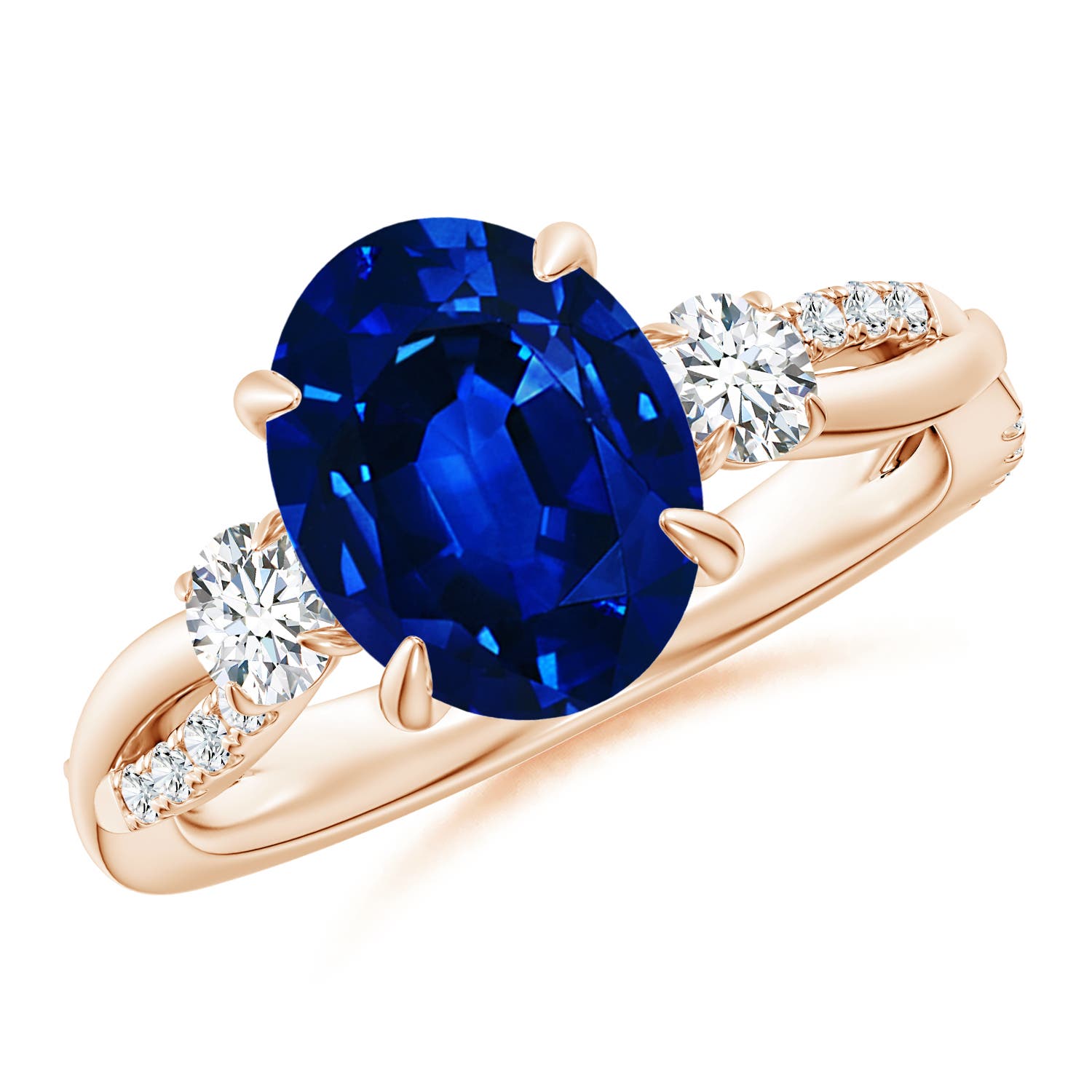 10x8mm AAAA Three Stone Oval Blue Sapphire & Round Diamond Engagement Ring in 18K Rose Gold