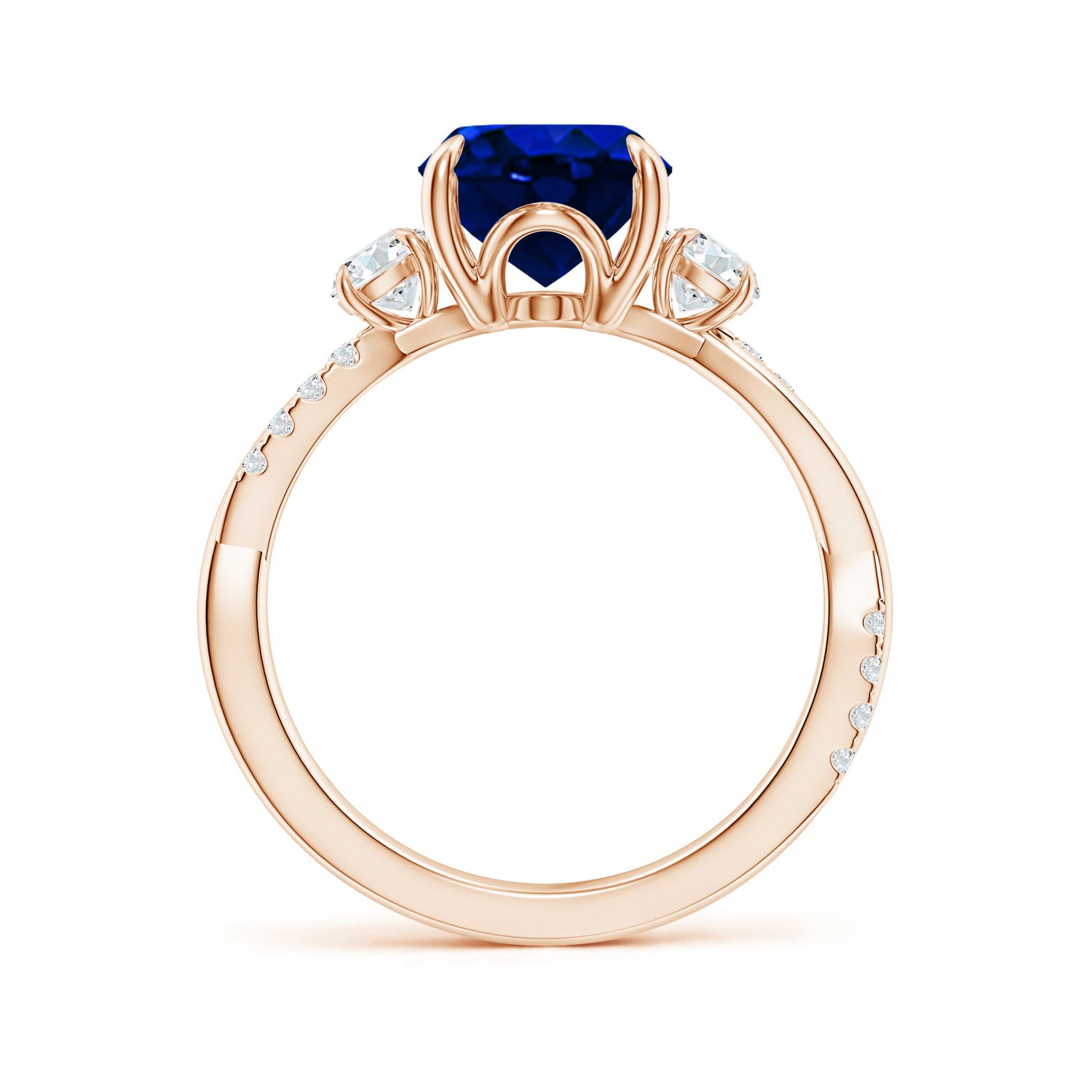 10x8mm AAAA Three Stone Oval Blue Sapphire & Round Diamond Engagement Ring in 18K Rose Gold