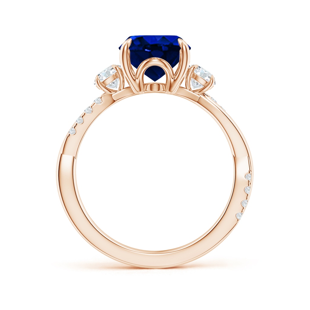 10x8mm AAAA Three Stone Oval Blue Sapphire & Round Diamond Engagement Ring in 18K Rose Gold - side 199