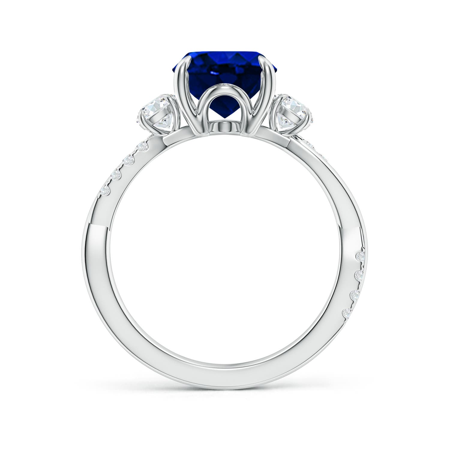10x8mm AAAA Three Stone Oval Blue Sapphire & Round Diamond Engagement Ring in 18K White Gold