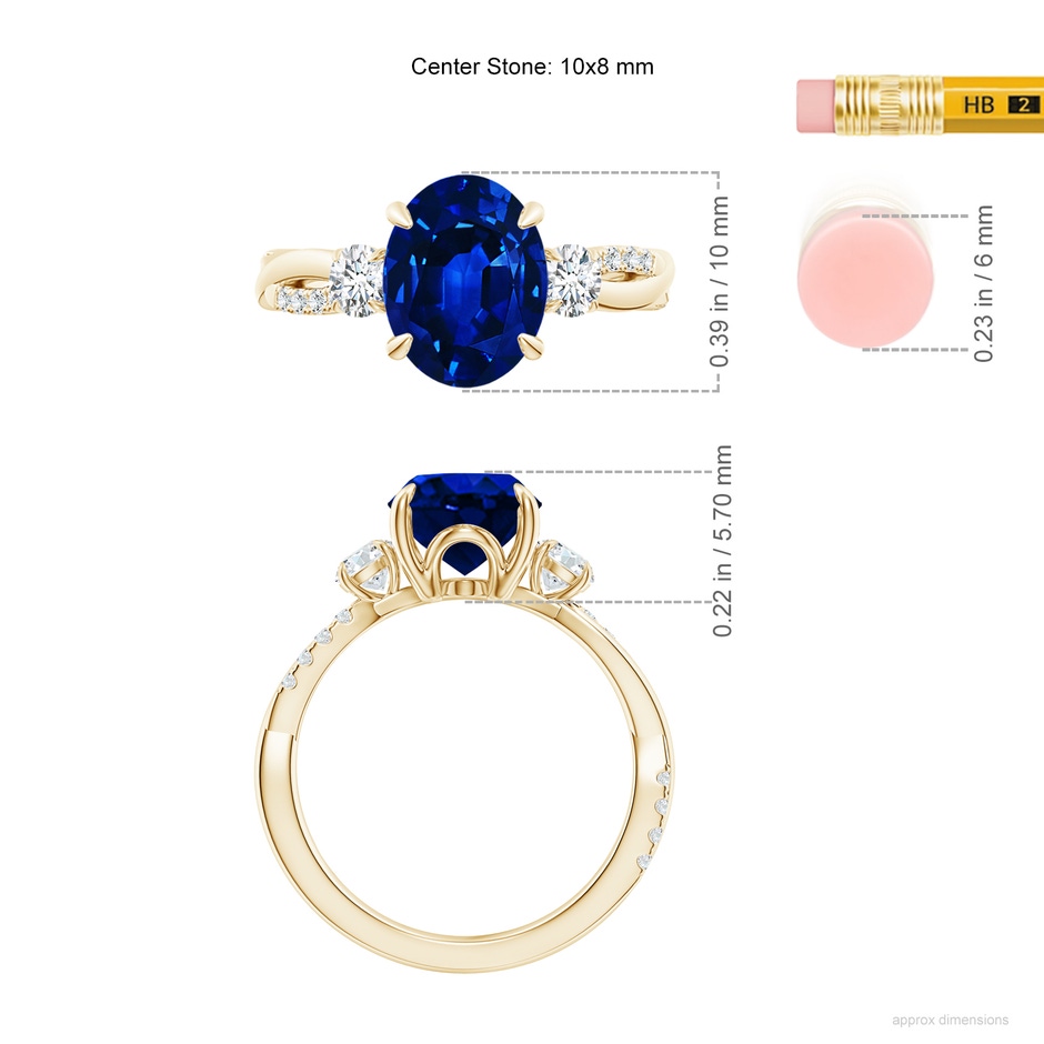 10x8mm Lab-Grown Three Stone Oval Blue Sapphire & Round Diamond Engagement Ring in 18K Yellow Gold ruler