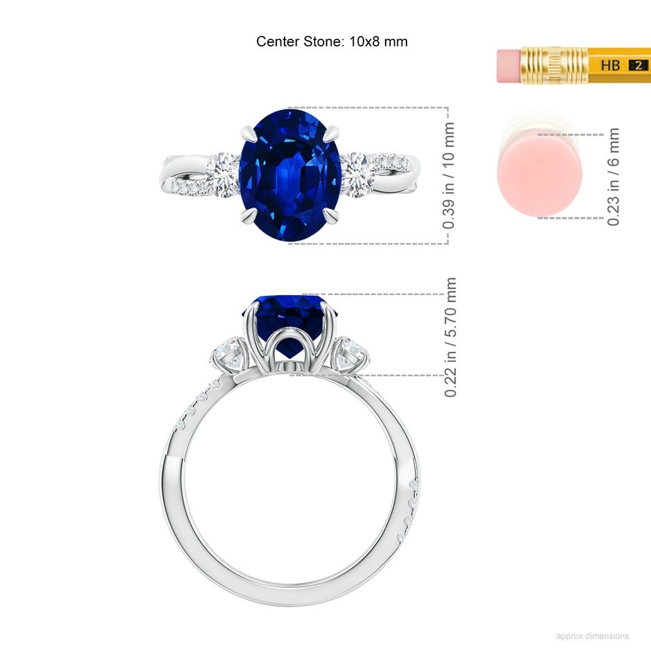 10x8mm Lab-Grown Three Stone Oval Blue Sapphire & Round Diamond Engagement Ring in P950 Platinum ruler