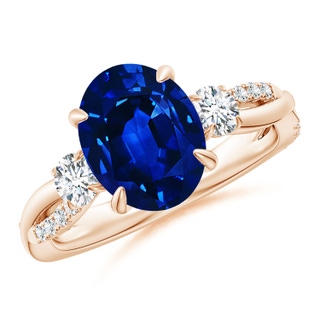 10x8mm AAAA Three Stone Oval Blue Sapphire & Round Diamond Engagement Ring in Rose Gold