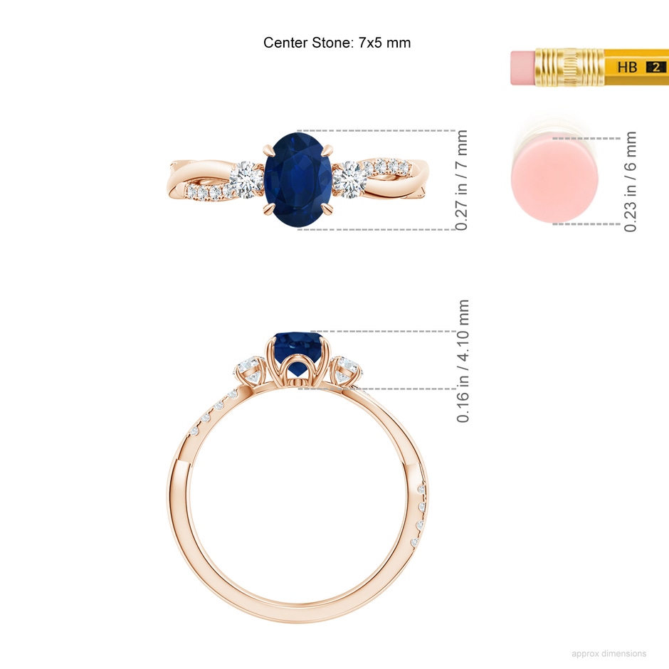7x5mm AA Three Stone Oval Blue Sapphire & Round Diamond Engagement Ring in Rose Gold ruler