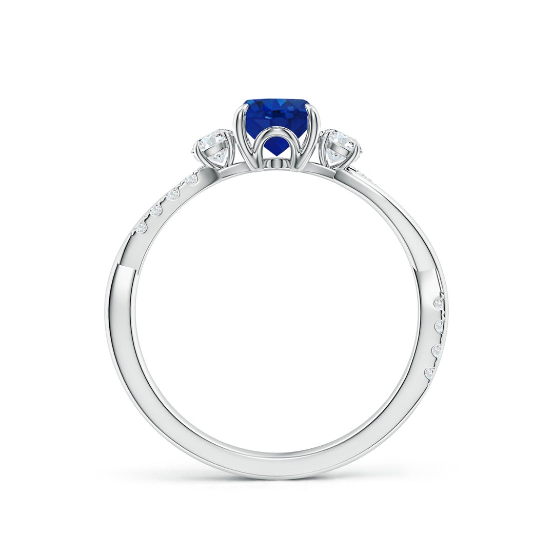 7x5mm AAA Three Stone Oval Blue Sapphire & Round Diamond Engagement Ring in White Gold - side 2