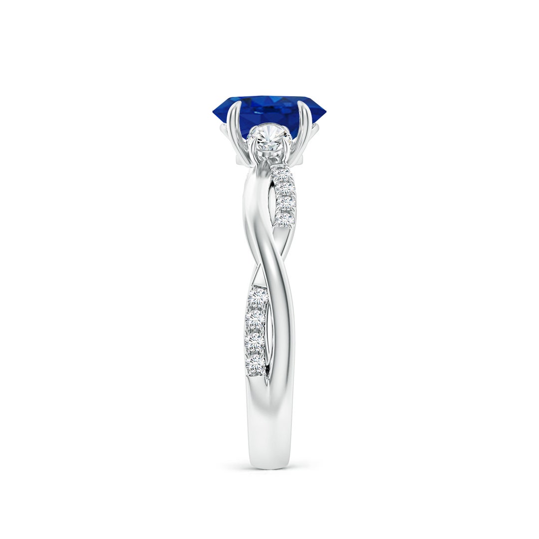 7x5mm AAA Three Stone Oval Blue Sapphire & Round Diamond Engagement Ring in White Gold - side 3