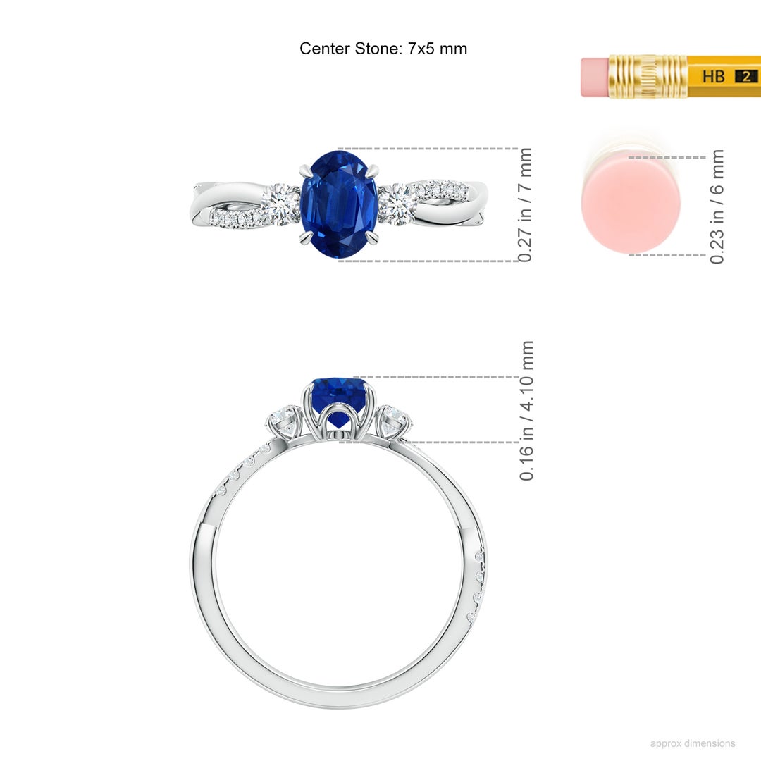 7x5mm AAA Three Stone Oval Blue Sapphire & Round Diamond Engagement Ring in White Gold - ruler