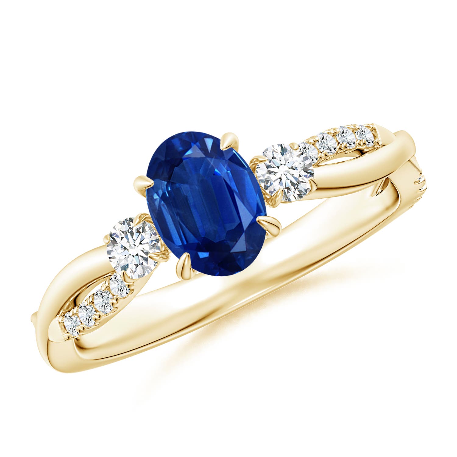 7x5mm AAA Three Stone Oval Blue Sapphire & Round Diamond Engagement Ring in Yellow Gold