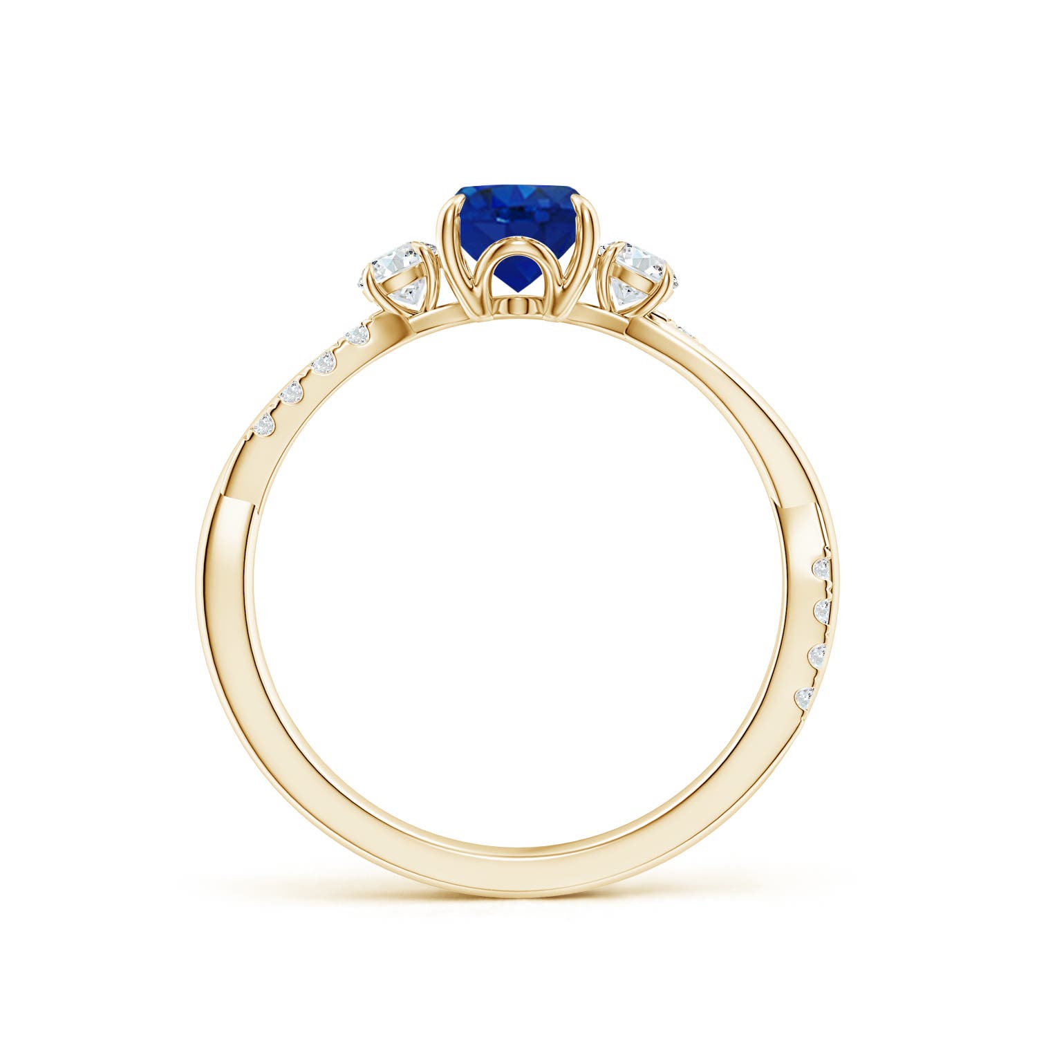 7x5mm AAA Three Stone Oval Blue Sapphire & Round Diamond Engagement Ring in Yellow Gold
