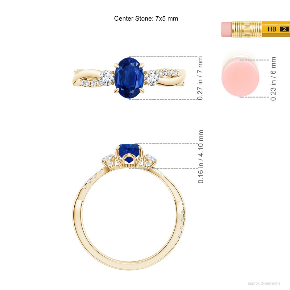 7x5mm AAA Three Stone Oval Blue Sapphire & Round Diamond Engagement Ring in Yellow Gold ruler