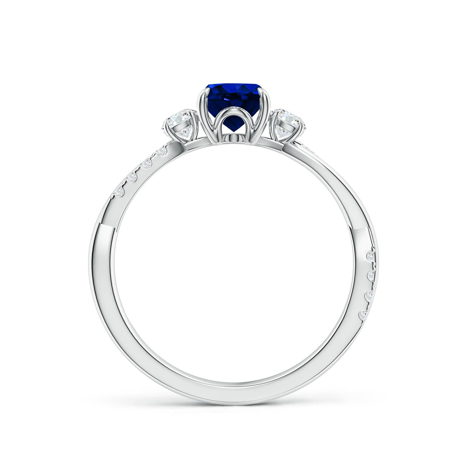 7x5mm AAAA Three Stone Oval Blue Sapphire & Round Diamond Engagement Ring in 18K White Gold