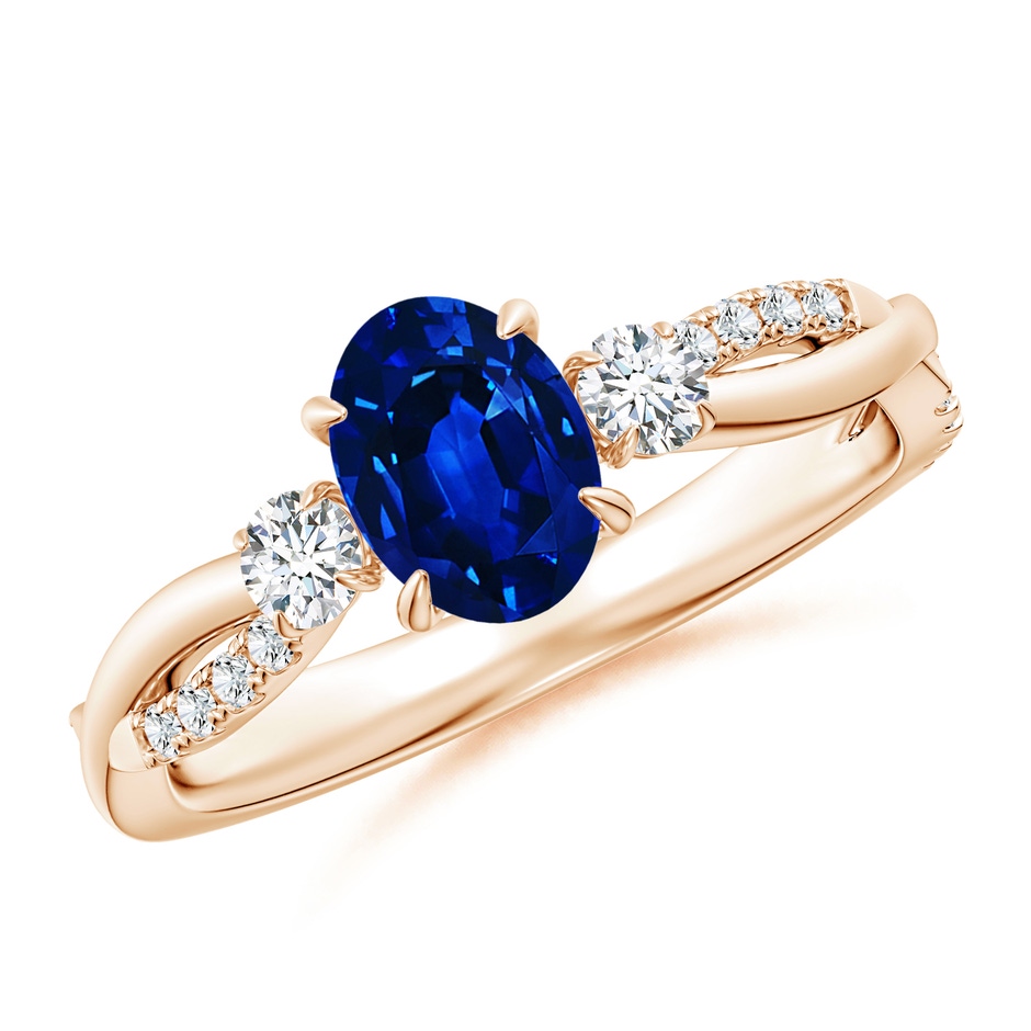 7x5mm AAAA Three Stone Oval Blue Sapphire & Round Diamond Engagement Ring in Rose Gold 