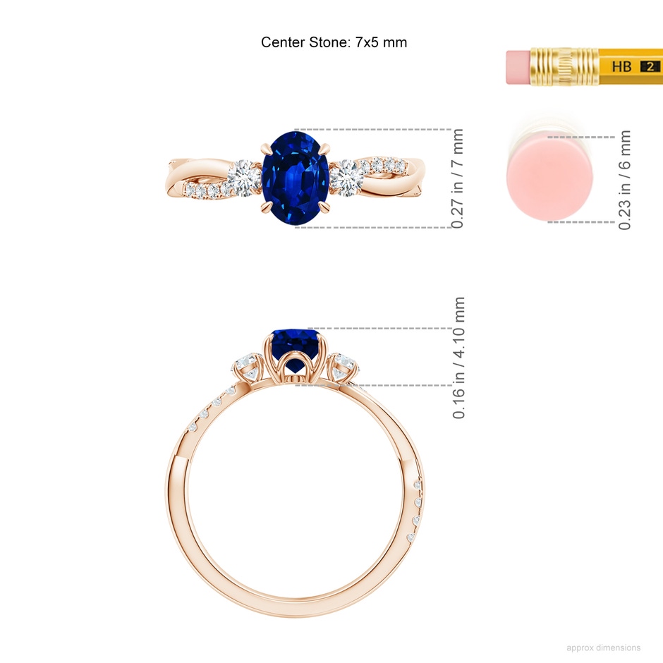 7x5mm AAAA Three Stone Oval Blue Sapphire & Round Diamond Engagement Ring in Rose Gold ruler
