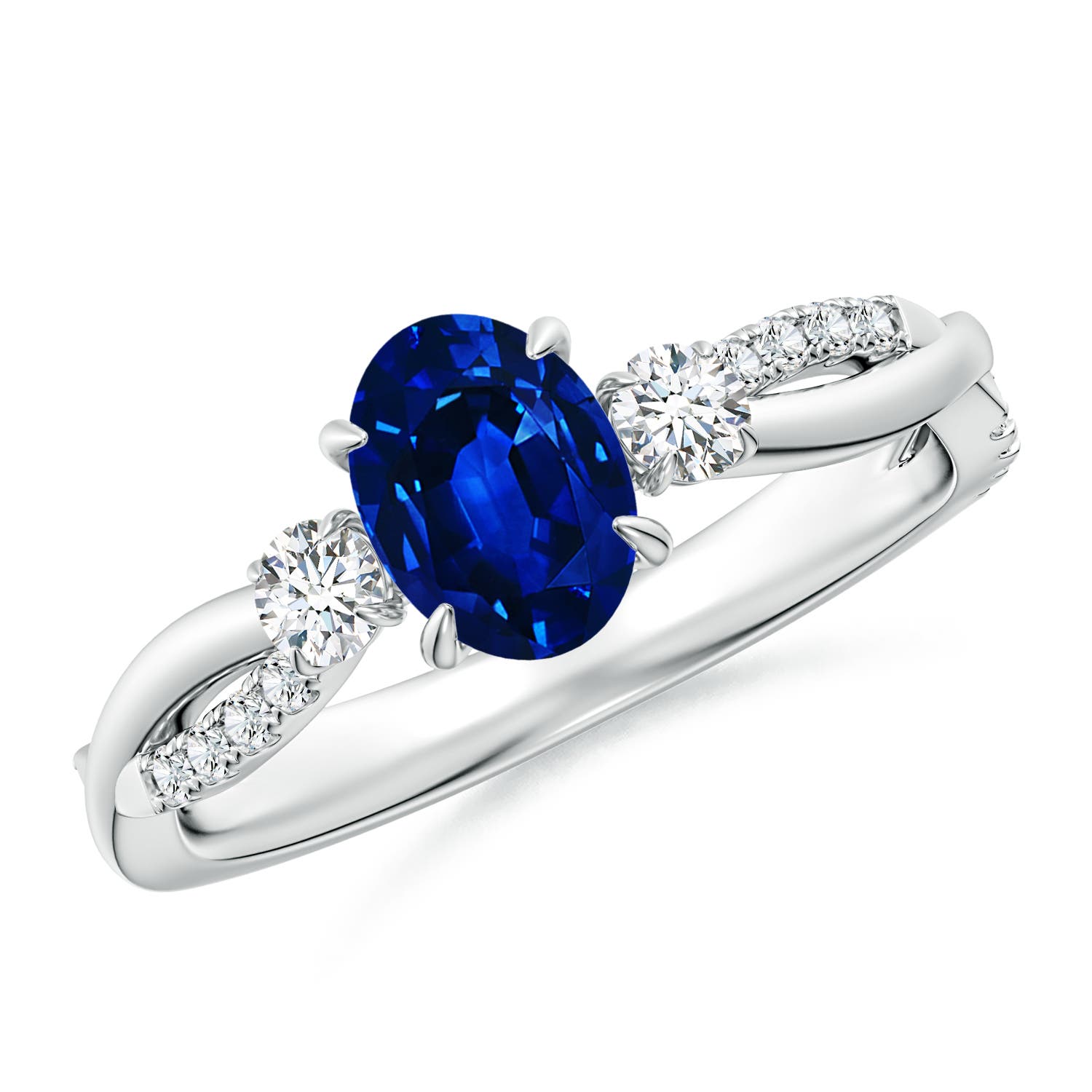 7x5mm AAAA Three Stone Oval Blue Sapphire & Round Diamond Engagement Ring in White Gold