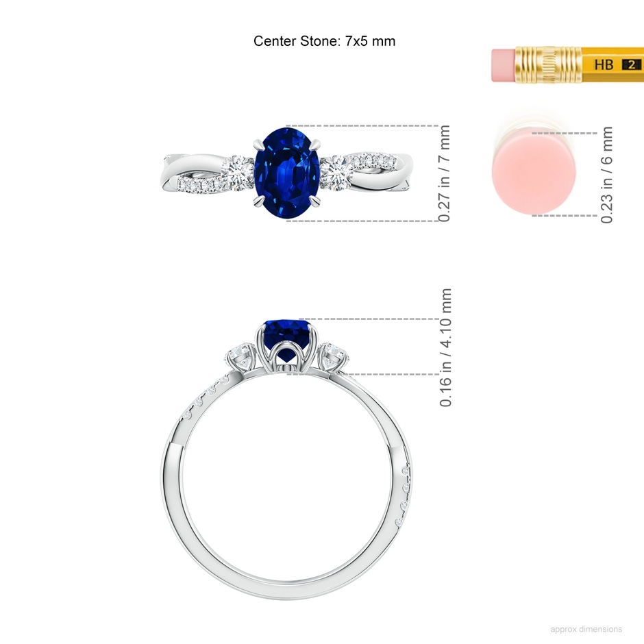 7x5mm AAAA Three Stone Oval Blue Sapphire & Round Diamond Engagement Ring in White Gold ruler