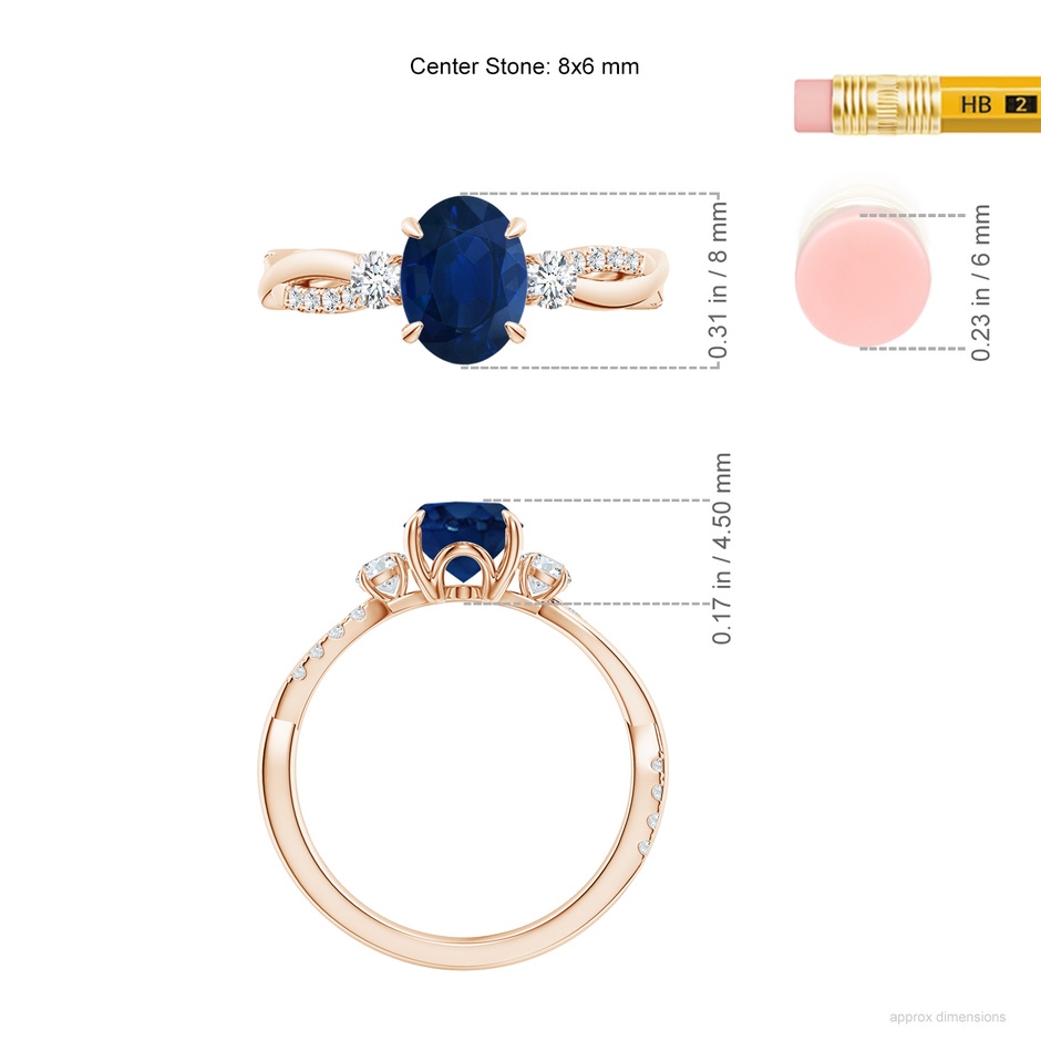 8x6mm AA Three Stone Oval Blue Sapphire & Round Diamond Engagement Ring in Rose Gold ruler