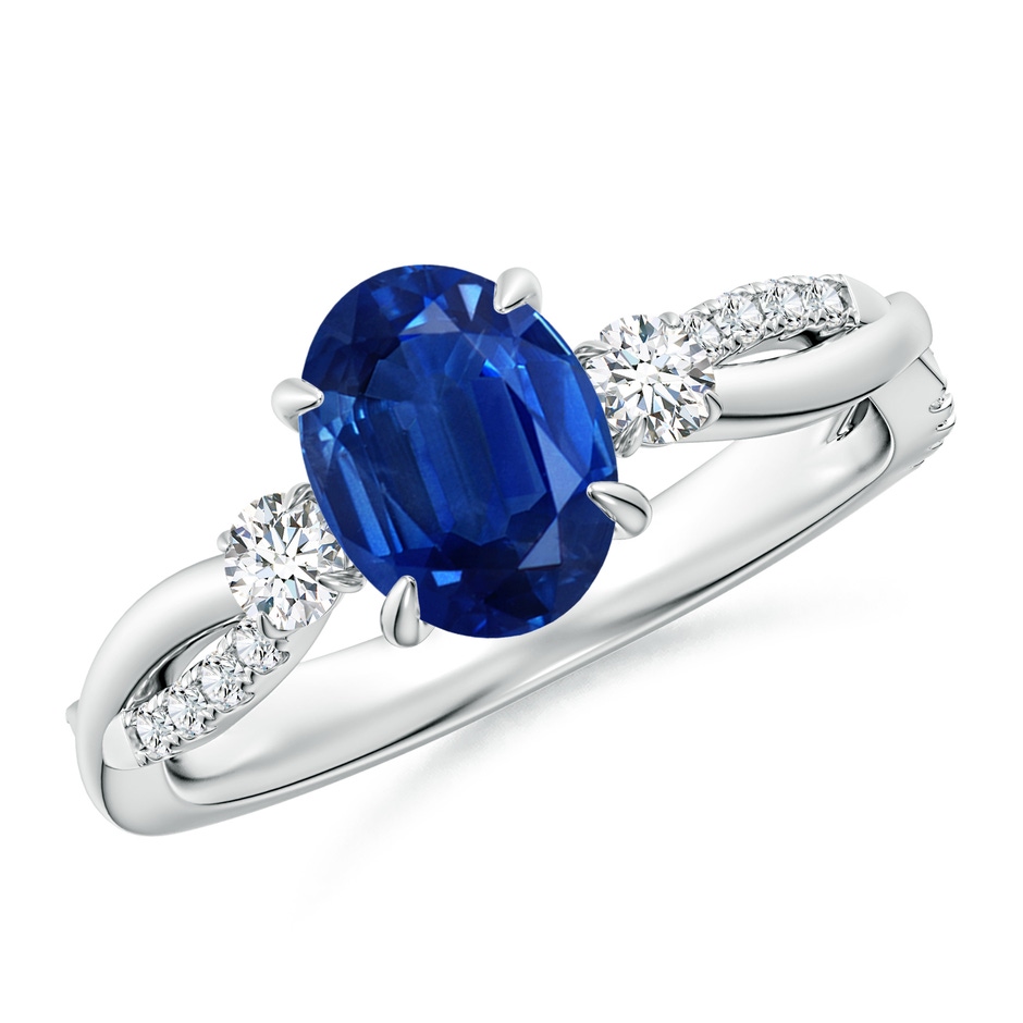 8x6mm AAA Three Stone Oval Blue Sapphire & Round Diamond Engagement Ring in P950 Platinum 