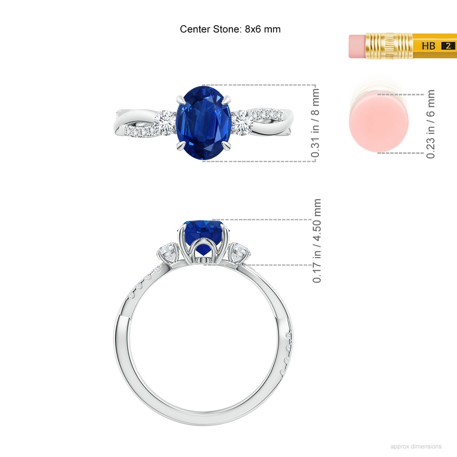 8x6mm AAA Three Stone Oval Blue Sapphire & Round Diamond Engagement Ring in P950 Platinum ruler