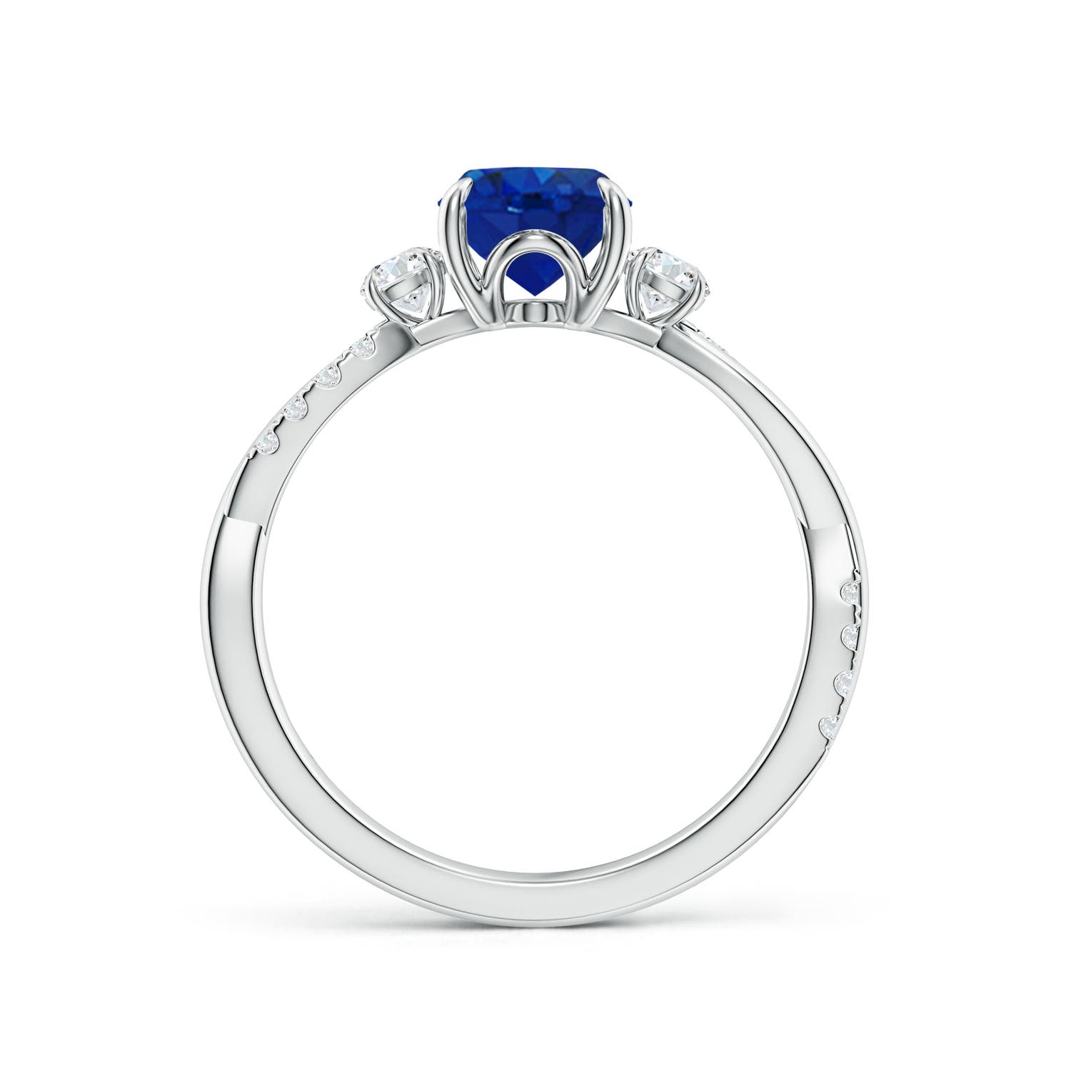 8x6mm AAA Three Stone Oval Blue Sapphire & Round Diamond Engagement Ring in White Gold