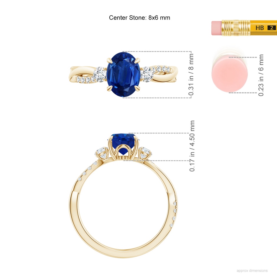 8x6mm AAA Three Stone Oval Blue Sapphire & Round Diamond Engagement Ring in Yellow Gold ruler
