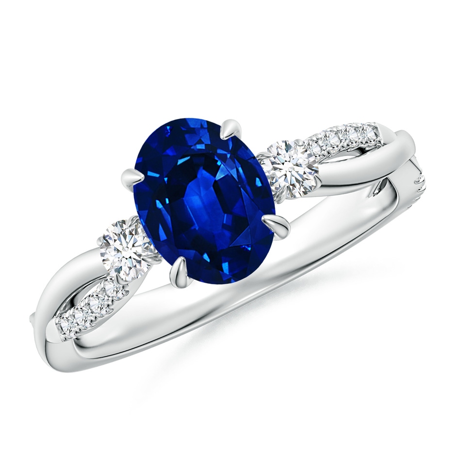 8x6mm AAAA Three Stone Oval Blue Sapphire & Round Diamond Engagement Ring in White Gold 