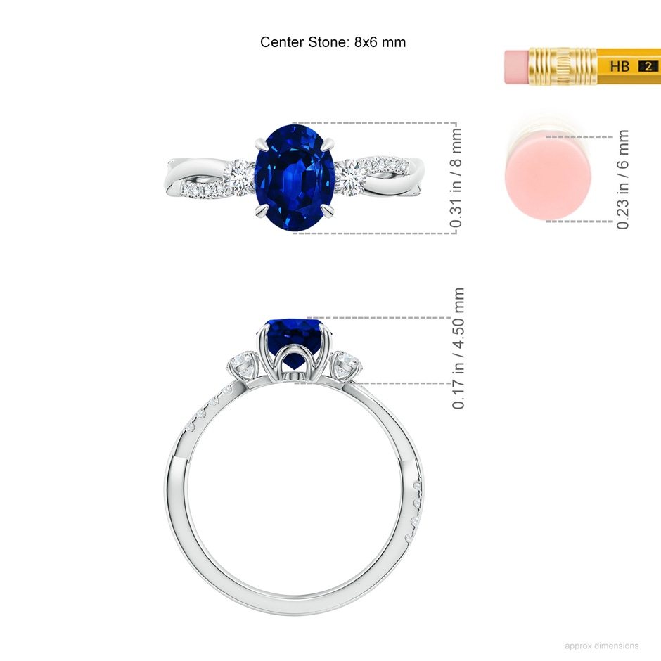 8x6mm AAAA Three Stone Oval Blue Sapphire & Round Diamond Engagement Ring in White Gold ruler